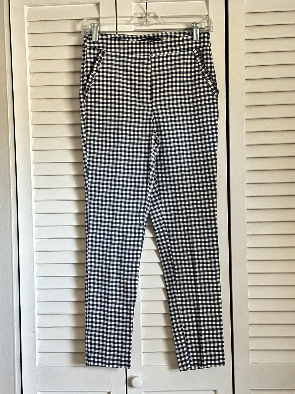 Zara Basic Gingham Pants Navy Blue White Ankle Trousers Ruffle Pocket S Preppy